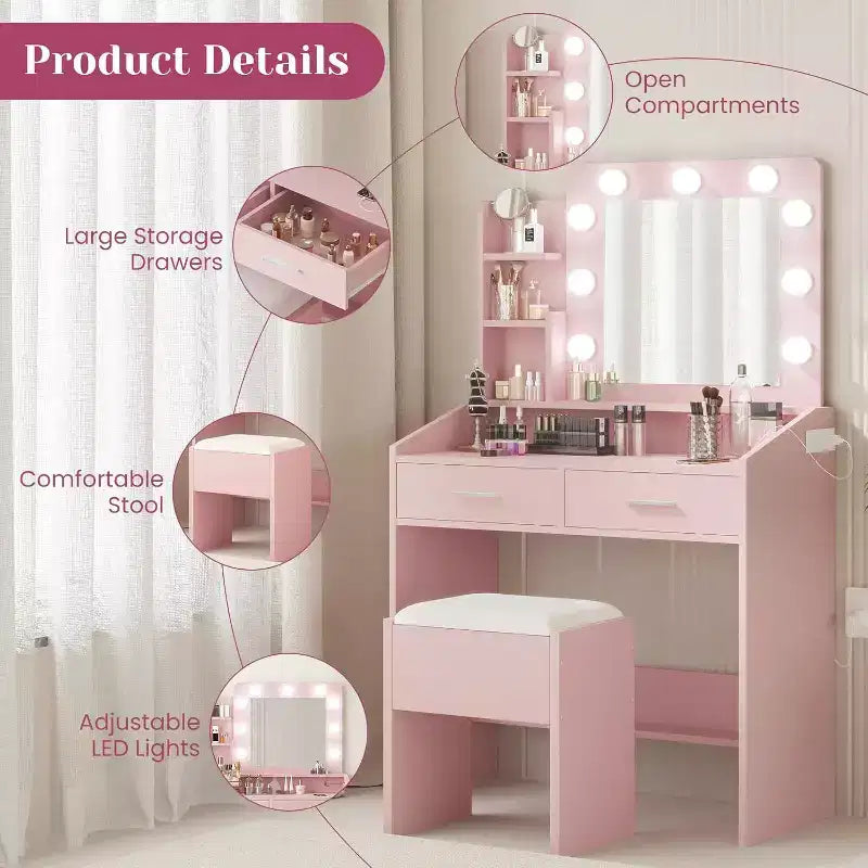 Toeletta con Specchio, Mobile Trucco con Sgabello Imbottito, 3 Modalità di Illuminazione e Luminosità Regolabile