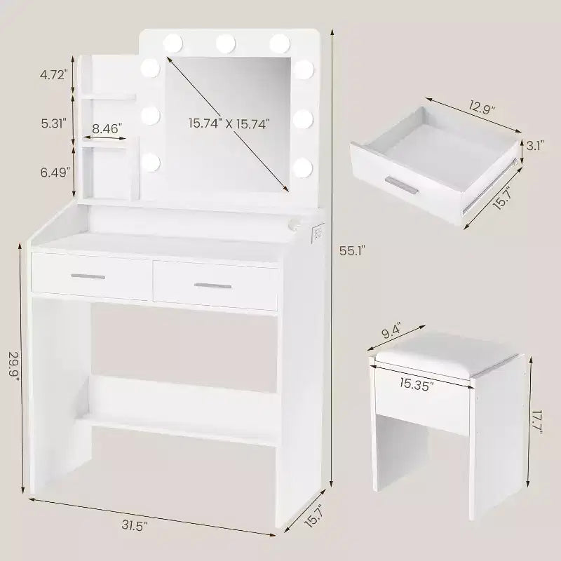 Toeletta con Specchio, Mobile Trucco con Sgabello Imbottito, 3 Modalità di Illuminazione e Luminosità Regolabile