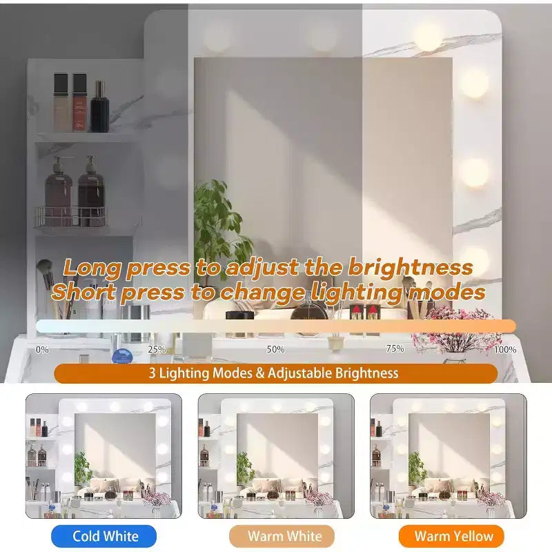 Toeletta con Specchio, Mobile Trucco con Sgabello Imbottito, 3 Modalità di Illuminazione e Luminosità Regolabile
