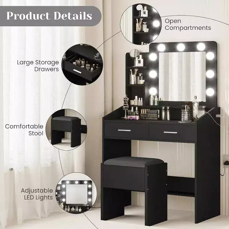 Toeletta con Specchio, Mobile Trucco con Sgabello Imbottito, 3 Modalità di Illuminazione e Luminosità Regolabile