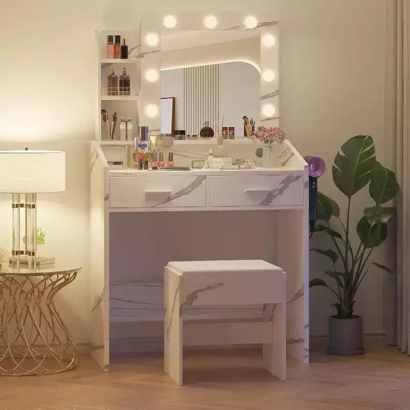Toeletta con Specchio, Mobile Trucco con Sgabello Imbottito, 3 Modalità di Illuminazione e Luminosità Regolabile