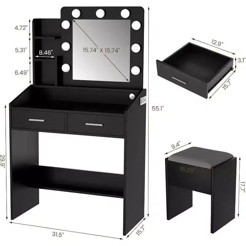 Toeletta con Specchio, Mobile Trucco con Sgabello Imbottito, 3 Modalità di Illuminazione e Luminosità Regolabile