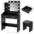 Toeletta con Specchio, Mobile Trucco con Sgabello Imbottito, 3 Modalità di Illuminazione e Luminosità Regolabile