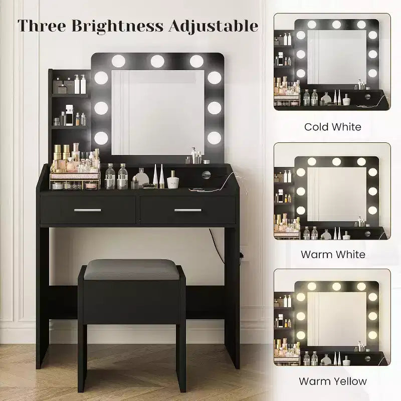 Toeletta con Specchio, Mobile Trucco con Sgabello Imbottito, 3 Modalità di Illuminazione e Luminosità Regolabile