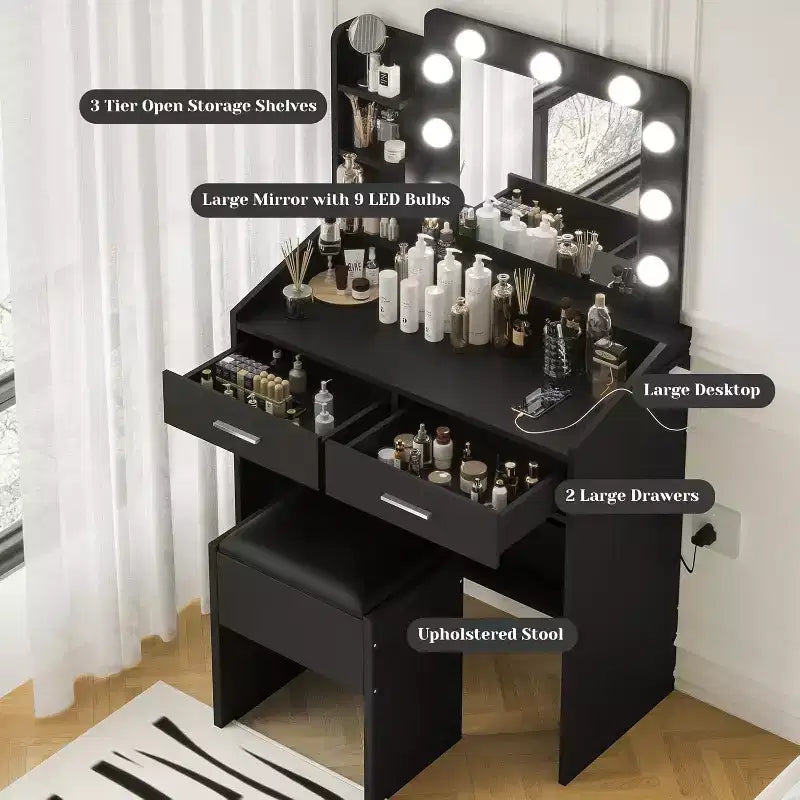Toeletta con Specchio, Mobile Trucco con Sgabello Imbottito, 3 Modalità di Illuminazione e Luminosità Regolabile