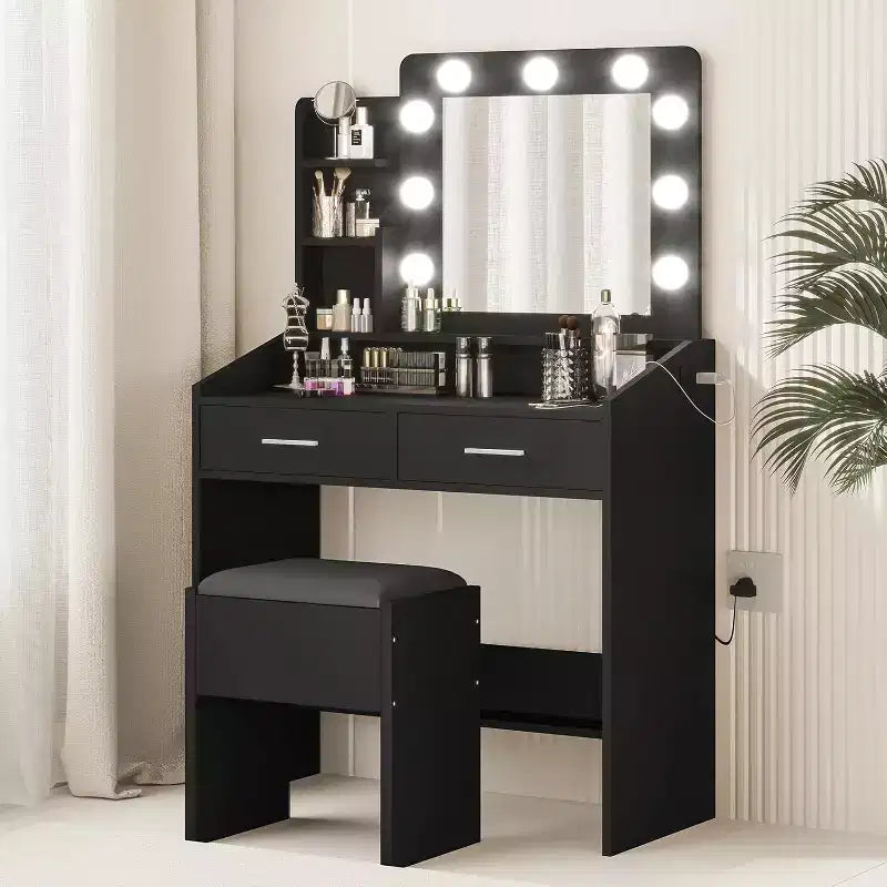 Toeletta con Specchio, Mobile Trucco con Sgabello Imbottito, 3 Modalità di Illuminazione e Luminosità Regolabile