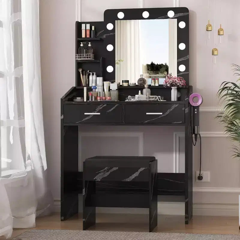 Coiffeuse avec miroir, coiffeuse avec tabouret rembourré, 3 modes d'éclairage et luminosité réglable