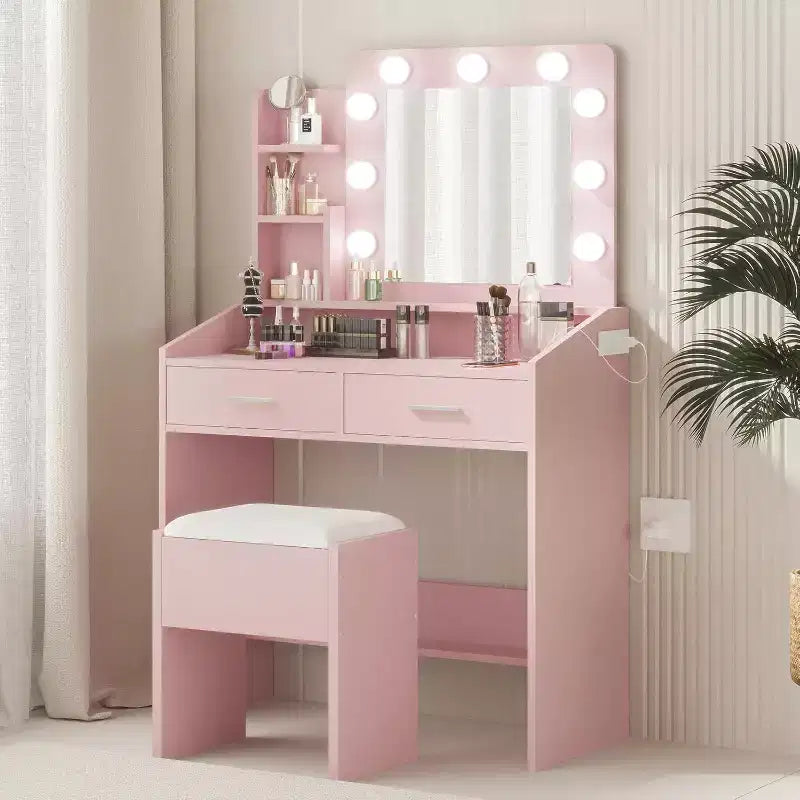 Coiffeuse avec miroir, coiffeuse avec tabouret rembourré, 3 modes d'éclairage et luminosité réglable