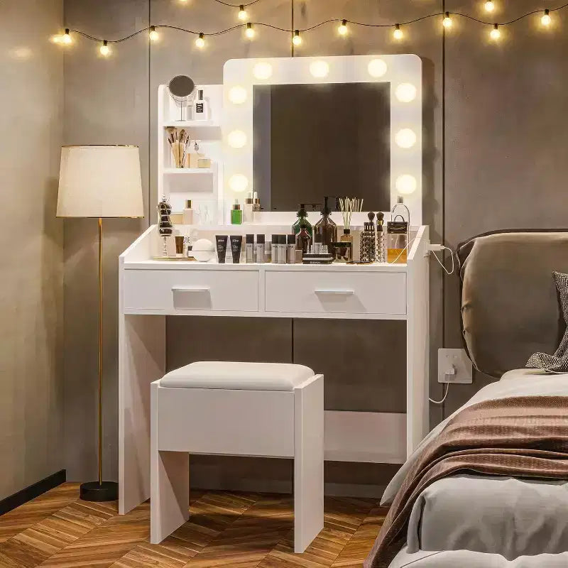Coiffeuse avec miroir, coiffeuse avec tabouret rembourré, 3 modes d'éclairage et luminosité réglable