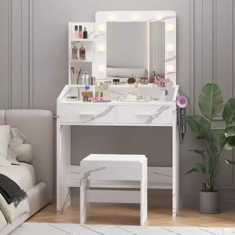 Coiffeuse avec miroir, coiffeuse avec tabouret rembourré, 3 modes d'éclairage et luminosité réglable