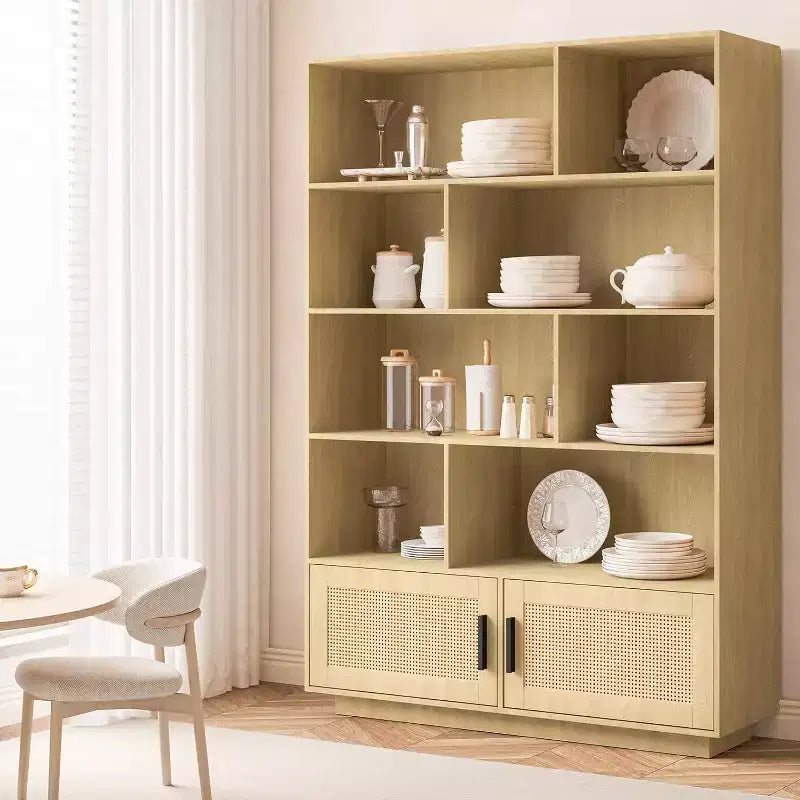 5 Tier Boho Wooden Bookcase with Rattan Doors, Wooden Bookcase and Bookshelf with Storage, Multi-Layer Rattan Shelf, Large Bookshelf for Living Room