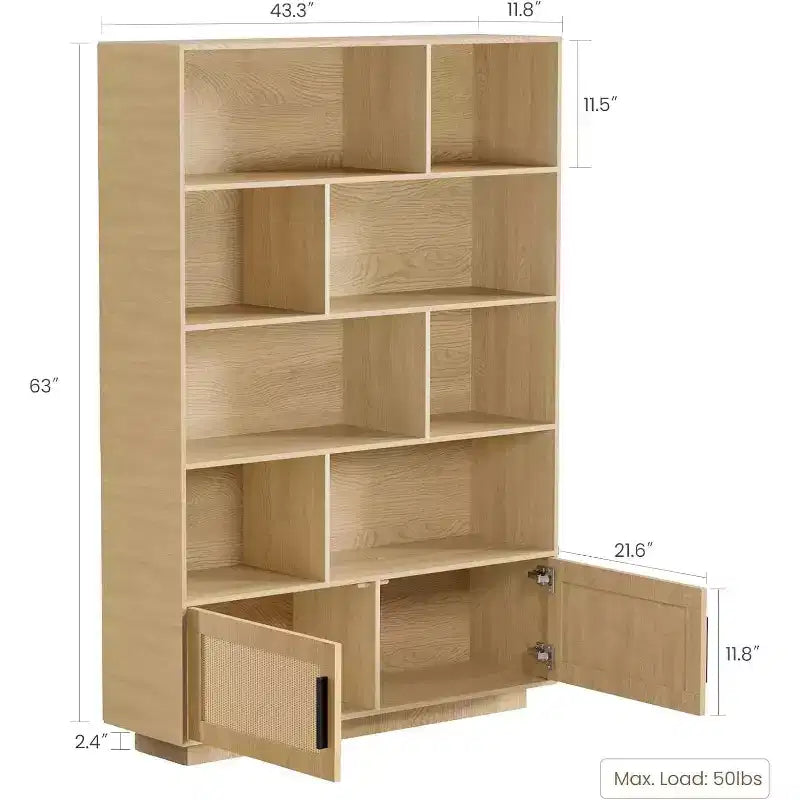 Bibliothèque bohème à 5 niveaux en bois avec portes en rotin, bibliothèque en bois avec rangement, étagère à plusieurs niveaux en rotin, grande bibliothèque pour salon