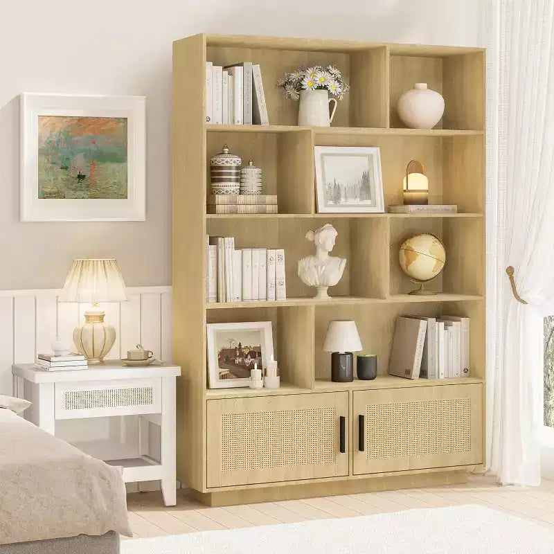 Libreria in Legno Boho a 5 Ripiani con Ante in Rattan, Libreria e Scaffale in Legno con Contenitore, Scaffale in Rattan Multistrato, Grande Libreria per Soggiorno