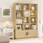 Libreria in Legno Boho a 5 Ripiani con Ante in Rattan, Libreria e Scaffale in Legno con Contenitore, Scaffale in Rattan Multistrato, Grande Libreria per Soggiorno