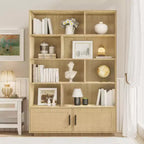 Libreria in Legno Boho a 5 Ripiani con Ante in Rattan, Libreria e Scaffale in Legno con Contenitore, Scaffale in Rattan Multistrato, Grande Libreria per Soggiorno
