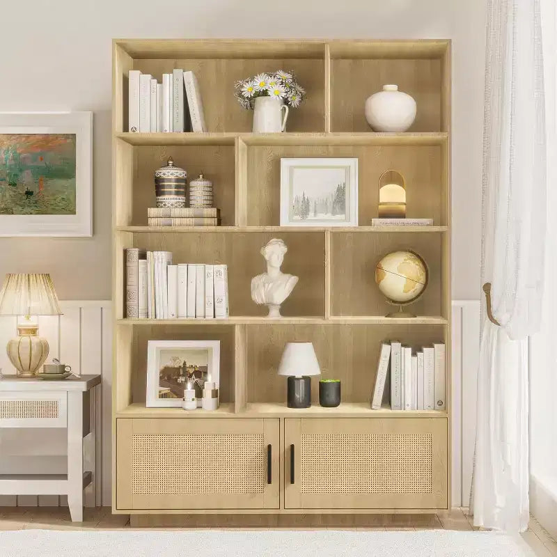Libreria in Legno Boho a 5 Ripiani con Ante in Rattan, Libreria e Scaffale in Legno con Contenitore, Scaffale in Rattan Multistrato, Grande Libreria per Soggiorno