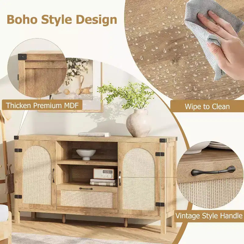 Credenza da Cucina Rustica 59, Madia Moderna in Legno, Credenza per Caffè in Rattan, Mobili Contemporanei per Soggiorno e Sala da Pranzo