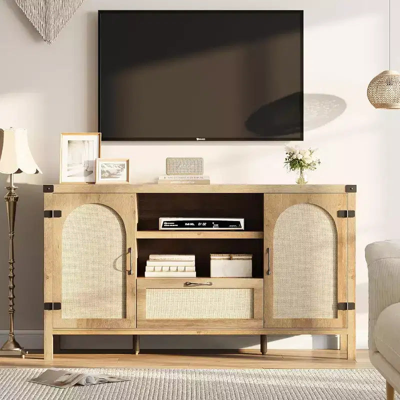 Credenza da Cucina Rustica 59, Madia Moderna in Legno, Credenza per Caffè in Rattan, Mobili Contemporanei per Soggiorno e Sala da Pranzo