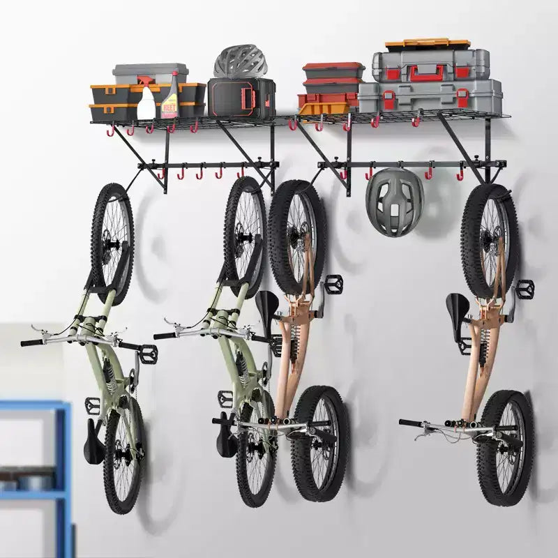 Portabici VEVOR, Portabici da Parete per 4 Biciclette, Appendiabiti Portabici da Parete con 2 Ripiani, Organizer per Casa e Garage, Personalizzabile per Varie Dimensioni di Biciclette