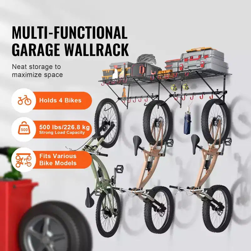 Portabici VEVOR, Portabici da Parete per 4 Biciclette, Appendiabiti Portabici da Parete con 2 Ripiani, Organizer per Casa e Garage, Personalizzabile per Varie Dimensioni di Biciclette