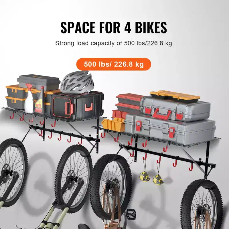 Portabici VEVOR, Portabici da Parete per 4 Biciclette, Appendiabiti Portabici da Parete con 2 Ripiani, Organizer per Casa e Garage, Personalizzabile per Varie Dimensioni di Biciclette