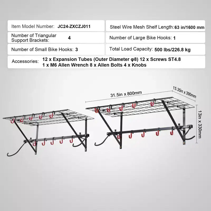 Portabici VEVOR, Portabici da Parete per 4 Biciclette, Appendiabiti Portabici da Parete con 2 Ripiani, Organizer per Casa e Garage, Personalizzabile per Varie Dimensioni di Biciclette