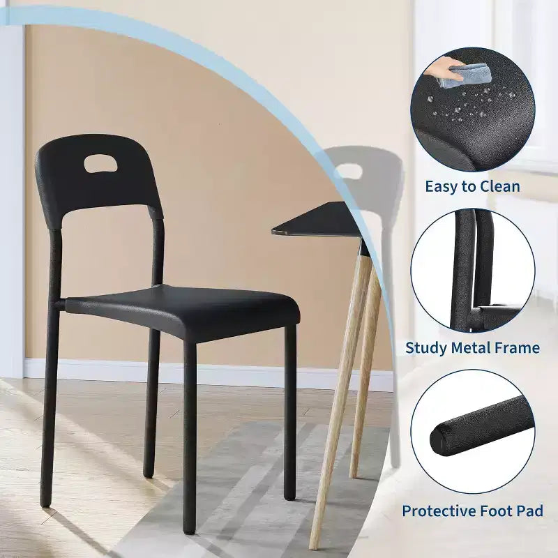 Sedie da Pranzo Set da 1, Sedie da Cucina Moderne Impilabili, Sedia da Pranzo in Plastica con Gambe in Metallo, Impermeabile e Resistente alle Macchie, Nere