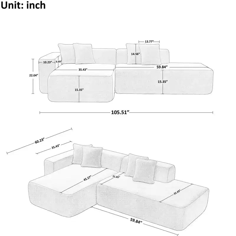 Divano Sezionale Modulare a L a 5 Posti in Tessuto di Lana di Agnello MAYEERTY con Chaise-Longue per Camera da Letto e Appartamento