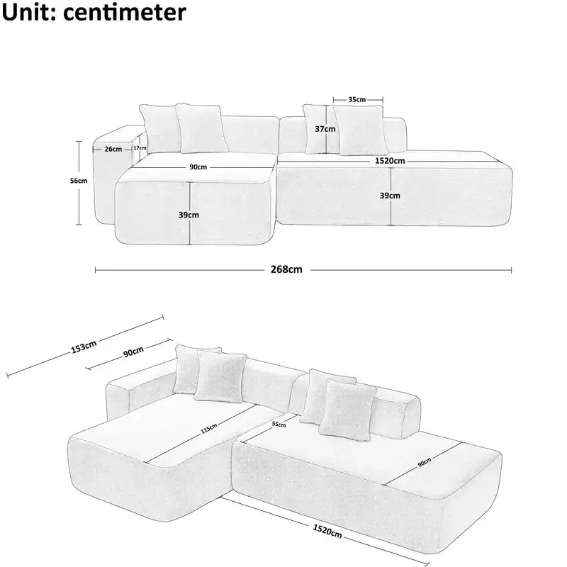 Divano Sezionale Modulare a L a 5 Posti in Tessuto di Lana di Agnello MAYEERTY con Chaise-Longue per Camera da Letto e Appartamento