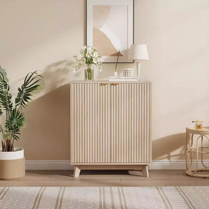 Mobile a Credenza Scanalato con Spazio Contenitore, Credenza a Buffet con 2 Ante, Mobile Contenitore a Credenza da Cucina con Ripiani per Soggiorno, Ingresso, Corridoio, Naturale