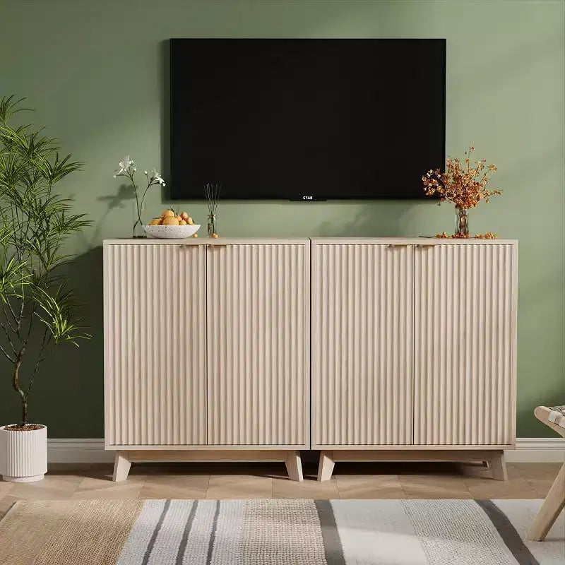 Mobile a Credenza Scanalato con Spazio Contenitore, Credenza a Buffet con 2 Ante, Mobile Contenitore a Credenza da Cucina con Ripiani per Soggiorno, Ingresso, Corridoio, Naturale