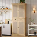 72 Tall Kitchen Pantry Cabinet, Freestanding Storage Cabinet with 4 Woven Panel Doors, Farmhouse Food Cabinet, for Kitchen, Dining Room