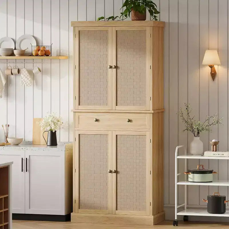 72 Tall Kitchen Pantry Cabinet, Freestanding Storage Cabinet with 4 Woven Panel Doors, Farmhouse Food Cabinet, for Kitchen, Dining Room