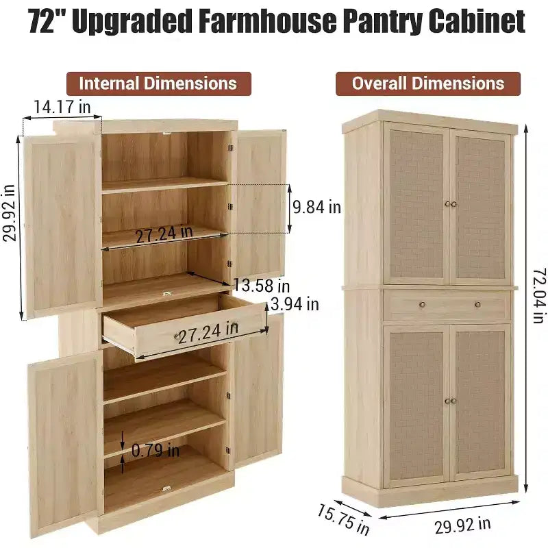Meuble de cuisine autoportant de 183 cm de haut avec 4 portes à panneaux tissés, style rustique, pour cuisine, salle à manger