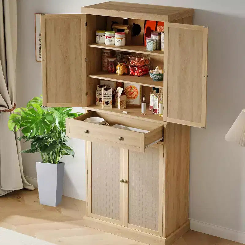 Meuble de cuisine autoportant de 183 cm de haut avec 4 portes à panneaux tissés, style rustique, pour cuisine, salle à manger