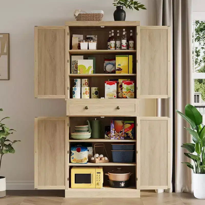 Meuble de cuisine autoportant de 183 cm de haut avec 4 portes à panneaux tissés, style rustique, pour cuisine, salle à manger