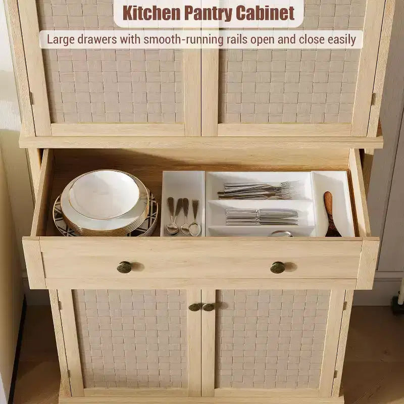 Meuble de cuisine autoportant de 183 cm de haut avec 4 portes à panneaux tissés, style rustique, pour cuisine, salle à manger