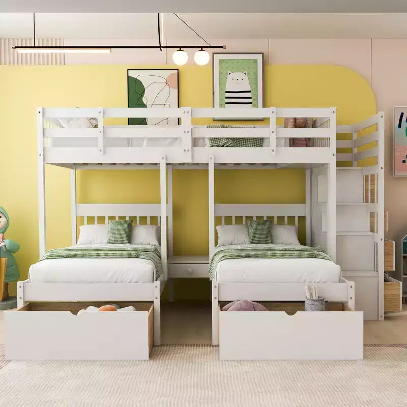 Whisen Full Over Twin & Twin Bunk Bed, Wood Triple Bunk Bed with Drawers and Guardrails