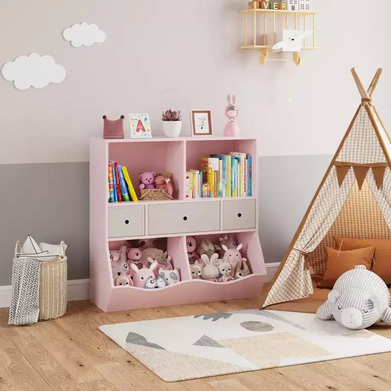 Organizzatore portaoggetti giocattoli a 3 livelli con cassetti e 4 scomparti - Libreria autoportante per bambini per sala giochi, cameretta, asilo