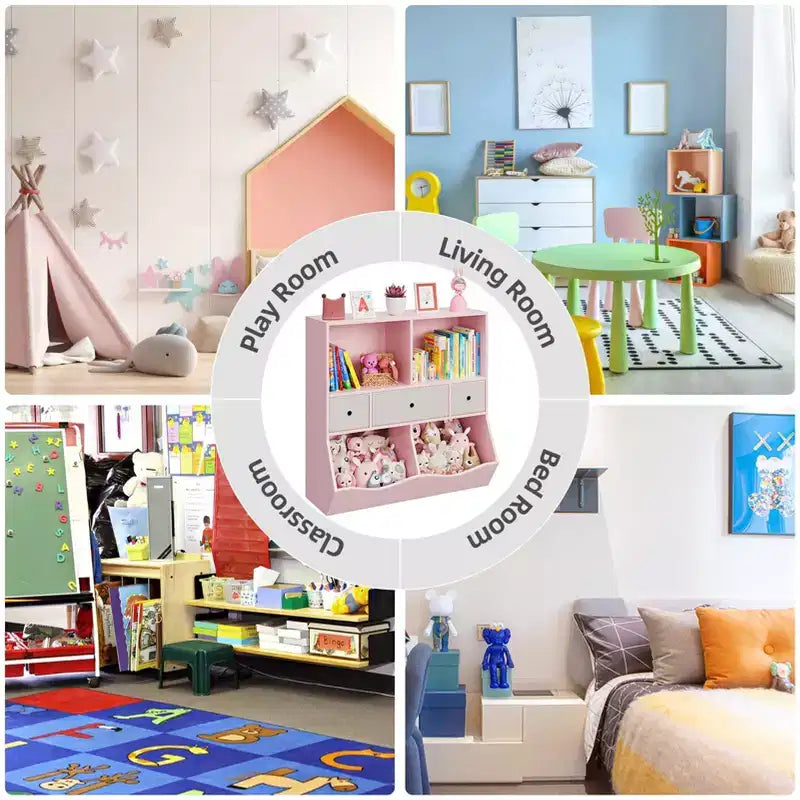 Organizzatore portaoggetti giocattoli a 3 livelli con cassetti e 4 scomparti - Libreria autoportante per bambini per sala giochi, cameretta, asilo