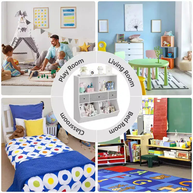 Organizzatore portaoggetti giocattoli a 3 livelli con cassetti e 4 scomparti - Libreria autoportante per bambini per sala giochi, cameretta, asilo
