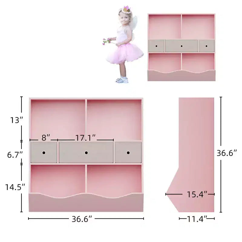 Organizzatore portaoggetti giocattoli a 3 livelli con cassetti e 4 scomparti - Libreria autoportante per bambini per sala giochi, cameretta, asilo