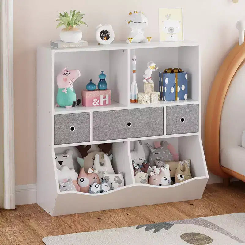 Organizzatore portaoggetti giocattoli a 3 livelli con cassetti e 4 scomparti - Libreria autoportante per bambini per sala giochi, cameretta, asilo