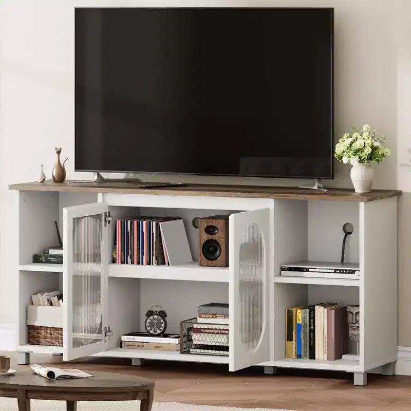 Mobile TV Rustico da 71", Mobile Porta TV Moderno con Ante in Vetro Ondulato, Mobile TV Aperto, Console Multimediale, per Soggiorno, Camera da Letto
