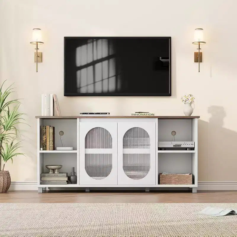 Mobile TV Rustico da 71", Mobile Porta TV Moderno con Ante in Vetro Ondulato, Mobile TV Aperto, Console Multimediale, per Soggiorno, Camera da Letto