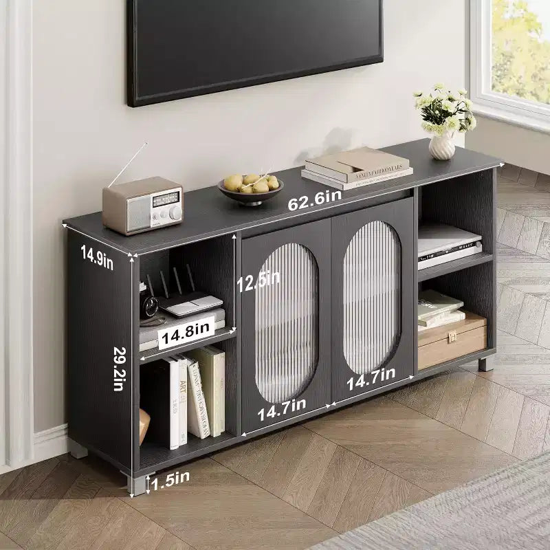 Meuble TV rustique 71 pouces, meuble de divertissement moderne avec portes vitrées ondulées, meuble TV ouvert, console média, pour salon, chambre à coucher