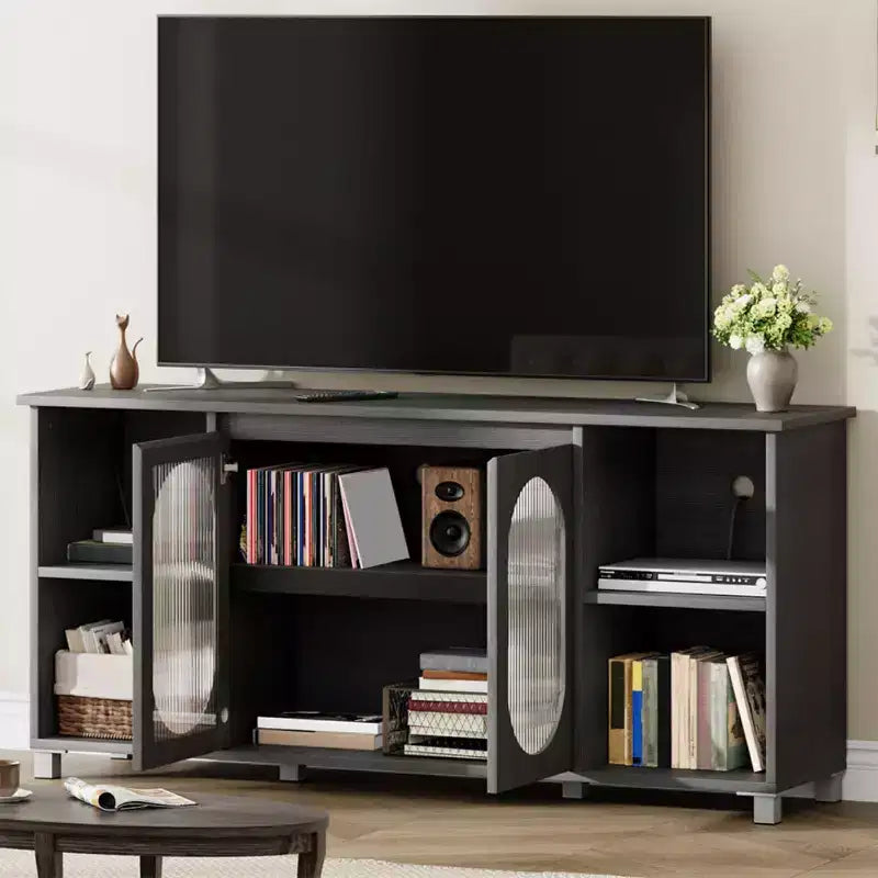 Meuble TV rustique 71 pouces, meuble de divertissement moderne avec portes vitrées ondulées, meuble TV ouvert, console média, pour salon, chambre à coucher
