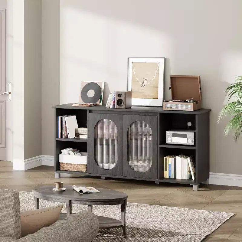 Meuble TV rustique 71 pouces, meuble de divertissement moderne avec portes vitrées ondulées, meuble TV ouvert, console média, pour salon, chambre à coucher