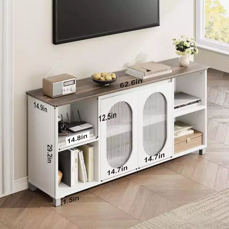 Mobile TV Rustico da 71", Mobile Porta TV Moderno con Ante in Vetro Ondulato, Mobile TV Aperto, Console Multimediale, per Soggiorno, Camera da Letto