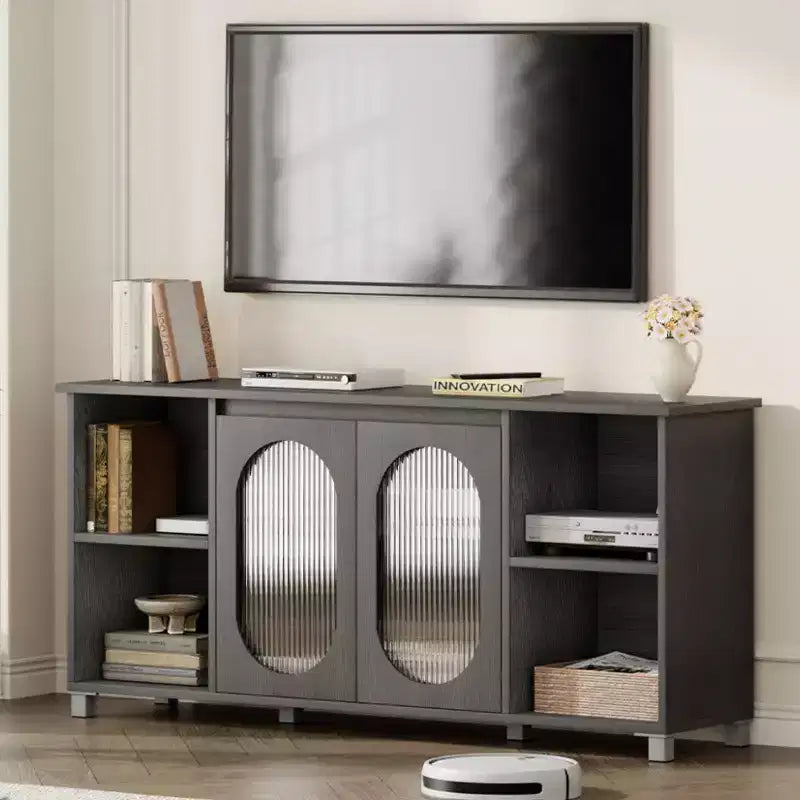 71 Rustic TV Stand, Modern Entertainment Center with Corrugated Glass Cabinet Doors, Open TV Cabinet, Media Console, for Living Room, Bedroom